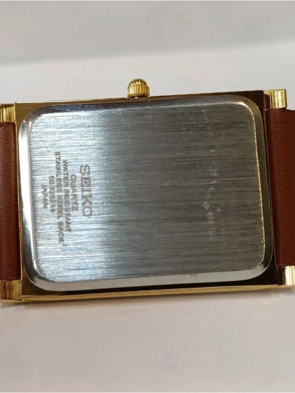 Seiko Gold-Tone Rectangular Watch with Brown Leather Strap